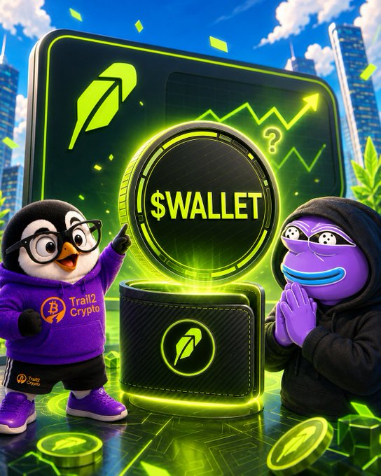 A penguin mascot in a "Trail2 Crypto" hoodie and a purple frog character in a hoodie flank a glowing digital wallet displaying "$WALLET" on a coin, alongside a smartphone showing a price chart, with "Trail2 Crypto" branding and a leaf logo tying the visual to the post's bullish commentary on the $WALLET token's narrative and locked trading fees.