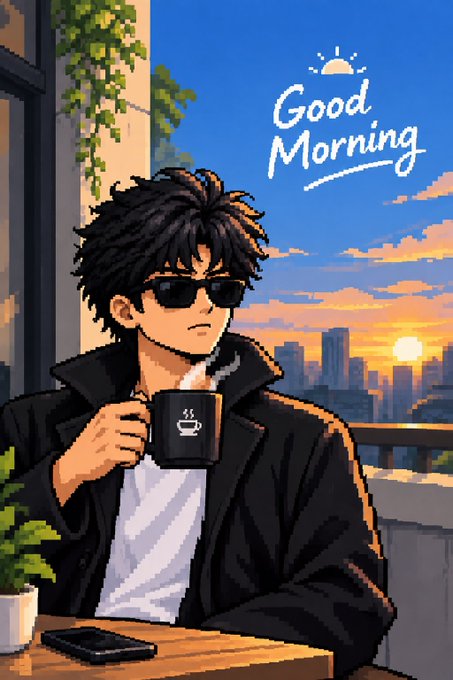 A pixel art illustration of a young man with black hair and sunglasses holding a coffee mug, with 'Good Morning' text and a sunrise cityscape in the background.