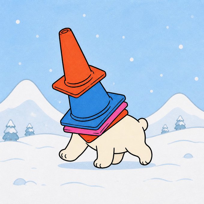 An illustration of a white bear walking in a snowy landscape, balancing a stack of colorful geometric shapes topped with an orange traffic cone on its back.