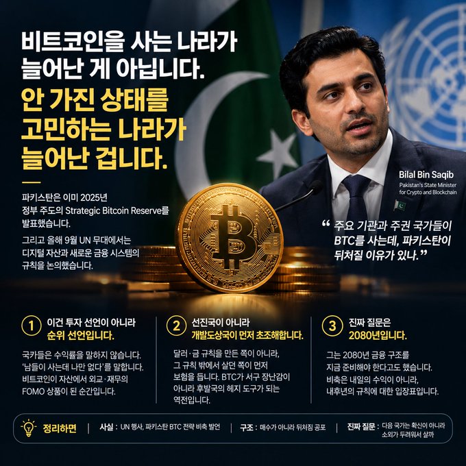 A Korean-language infographic features Pakistan's State Minister Bilal Bin Saqib discussing a Strategic Bitcoin Reserve, with three numbered points criticizing the policy and an image of a gold Bitcoin coin.