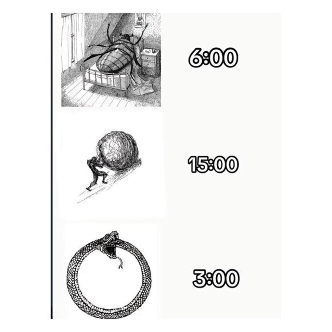 A three-panel black-and-white comic shows a giant spider resting on a bed at 6:00, a person struggling to push a giant boulder up a hill at 15:00, and a snake eating its own tail in a circle at 3:00.