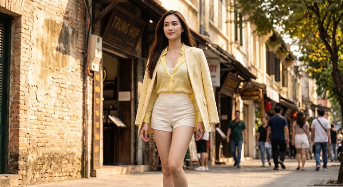 A woman wearing a yellow blazer over a yellow top and white shorts walks confidently down a sunny street lined with old brick buildings.