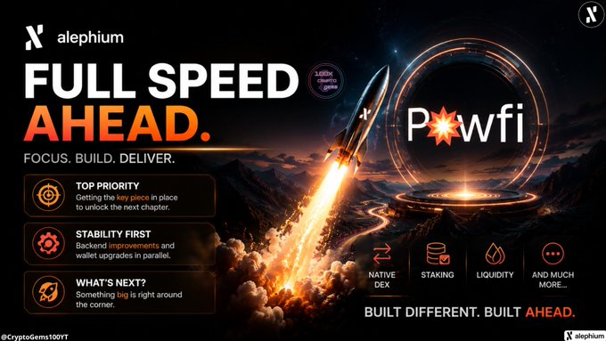 A promotional graphic for Alephium featuring the text 'FULL SPEED AHEAD. FOCUS. BUILD. DELIVER.' alongside a rocket launch and a 'Powfi' logo.