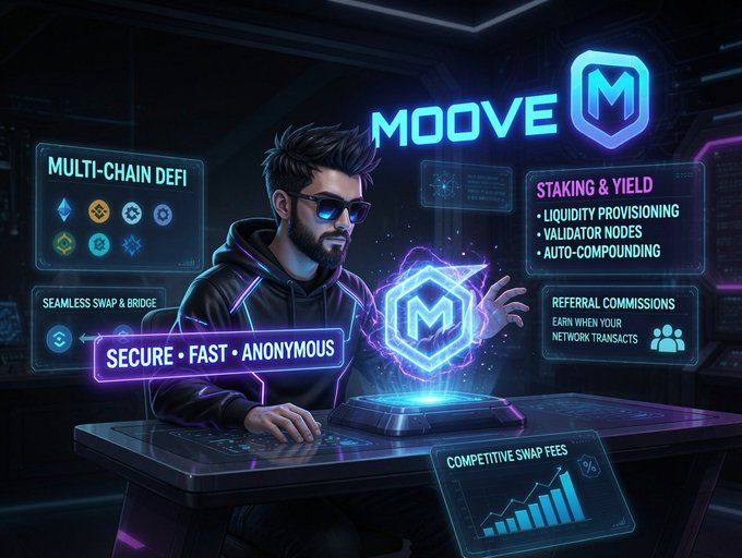 The image features a man wearing sunglasses and sitting at a desk with a computer monitor displaying various graphics related to the cryptocurrency world, possibly from an online game called "Epic DeFi Future" featuring the character MOOVE. The scene emphasizes that this digital space is dedicated to speed, security, and rewards within the deFi (Decentralized Financing) ecosystem.