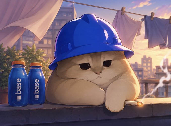 An illustrated chubby cat wearing a blue hard hat and smoking a cigarette, sitting on a rooftop ledge next to two blue 'base' branded bottles, with laundry hanging and a city skyline in the background.