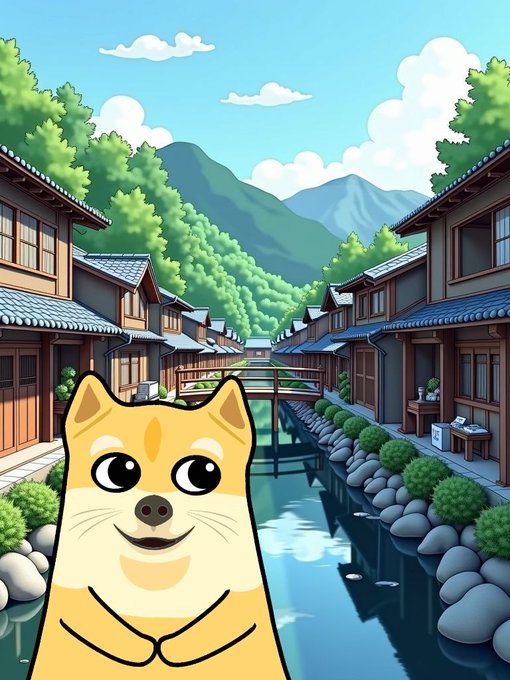 The image features a cartoon cat with big eyes, giving off a happy vibe as if it's greeting someone or something. The cat is standing next to a river that flows through a village of houses, which are depicted in shades of brown and white. The background includes mountains under a blue sky dotted with clouds. The caption at the bottom of the image reads "Happy Friday $SHIBU family!".