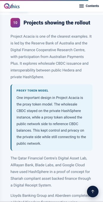 A screenshot from QChics website showing an article titled 'Projects showing the rollout' about Project Acacia led by the Reserve Bank of Australia and Digital Finance Cooperative Research Centre, with a section explaining the 'Proxy Token Model' for wholesale CBDC interoperability between public Hedera and private HashSphere networks.