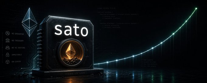 This image depicts the "sato" token, featuring the Ethereum logo and an upward trending graph representing growth, aligning with the $SATO reserve update and its increasing ETH value.