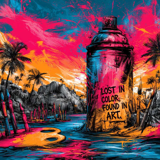 A vibrant, colorful illustration of a spray paint can with the text 'LOST IN COLOR, FOUND IN ART' surrounded by paint splatters and tropical scenery.