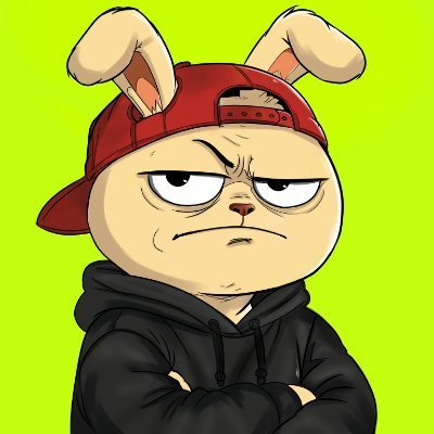 An angry cartoon rabbit character with droopy ears wearing a red backwards baseball cap and a black hoodie, standing with arms crossed against a bright green background.