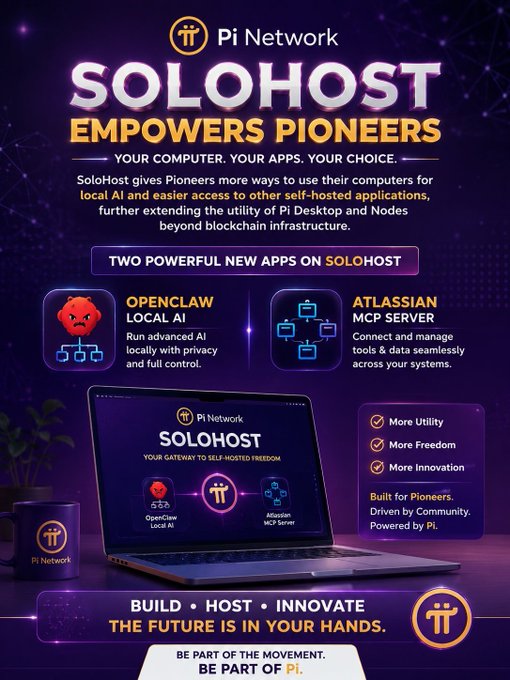 A Pi Network promotional poster announces "SoloHost Empowers Pioneers" with two new apps: OpenClaw (Local AI for privacy and control) and Atlassian (MCP Server for tool/data management), emphasizing "Your Computer. Your Apps. Your Choice." The image visually supports the post's message about Pi evolving beyond blockchain into an AI-powered ecosystem, with the tagline "Build. Host. Innovate. The Future Is In Your Hands" reinforcing the call for Pioneers to be part of the movement.