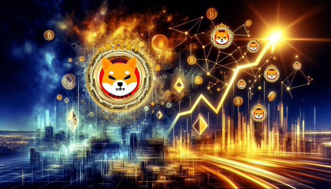 A vibrant crypto-themed graphic featuring Shiba Inu coin imagery, an upward-trending line graph, and Ethereum symbols set against a futuristic cityscape with fiery elements.