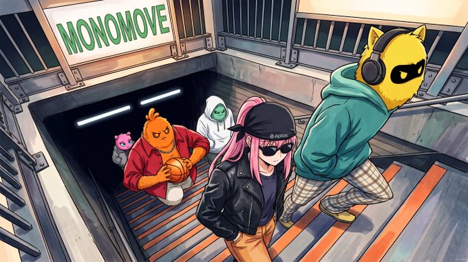 An animated group including a pink-haired figure, a cat-headed character with headphones, an orange creature, and a pink mascot ascend stairs beneath a "MONOMOVE" sign, visualizing Aptos Labs' "MonoMove"—the rebuilt Aptos execution engine powering faster Move-based trading and payments onchain.