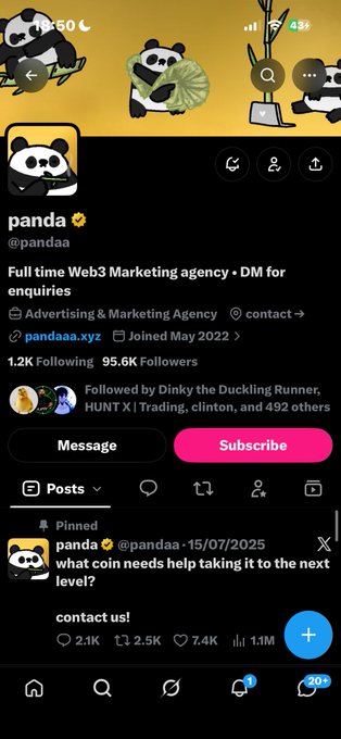 A screenshot of an X (formerly Twitter) profile for user 'panda' (@pandau), a Web3 Marketing agency with 95.6K followers, showing a pinned post asking for coin partnerships with 1.1M replies.