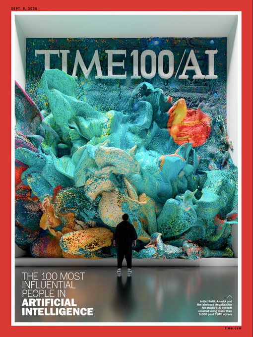 A TIME100/AI cover (September 8, 2025) features artist Refik Anadol standing before his abstract AI-generated visualization, highlighting his inclusion in "The 100 Most Influential People in Artificial Intelligence." The vibrant, flowing artwork on display illustrates how digital artists like Anadol are building lasting AI-driven art outside the speculative NFT bubble, prioritizing genuine creative practice over the hype-driven cycles of 2021.
