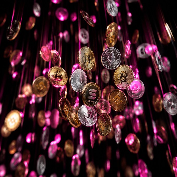 A collection of cryptocurrency coins including Bitcoin, Ethereum, Solana, and Binance Coin, falling against a pink and black background.