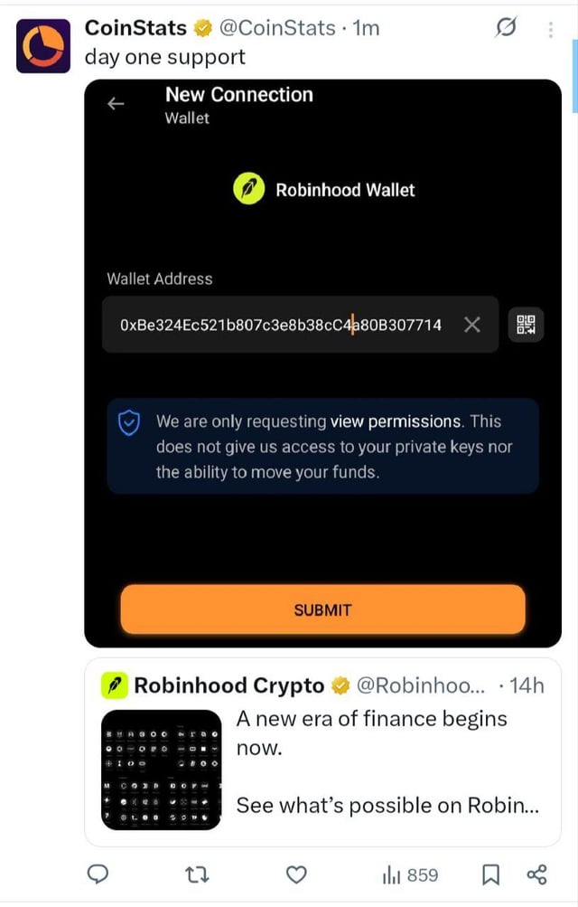 A CoinStats tweet announcing 'day one support' for Robinhood Wallet, showing a New Connection screen with a wallet address and view permissions notice.