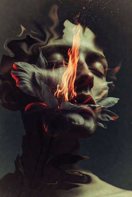 A dark, surreal digital artwork features a serene face with closed eyes, where the mouth is replaced by a blooming flower and the upper face transitions into dark smoke and flames.