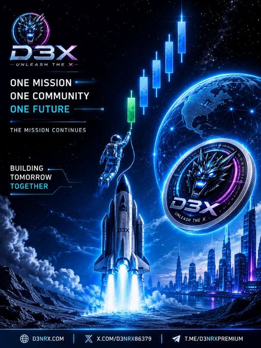 Promotional graphic for D3X with text including "ONE MISSION, ONE COMMUNITY, ONE FUTURE," "THE MISSION CONTINUES," and "BUILDING TOMORROW TOGETHER," featuring a rocket, astronaut, and dragon imagery.