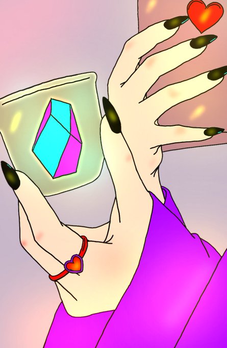 A digital illustration shows a hand with long black nails holding a green pouch containing a glowing blue and pink gem, while the other hand reaches toward a red heart.