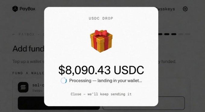 A PayBox notification shows a USDC drop of $8,090.43 processing into a wallet, visually confirming the "$8,000 from PayBox by MoonPay" reward the user mentioned, which contributes to their claimed $23,000 total earnings from MoonPay.
