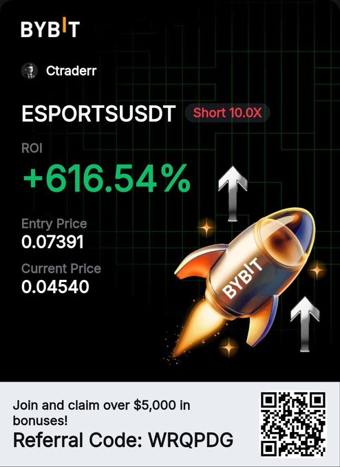 The image features a black background with white text, including a graphic depicting an orange rocket launching into the sky, and two arrows pointing upward, one for each side of the rocket. The text on the poster indicates that there's an opportunity to make profits from short-term gains in cryptocurrency trading, specifically for #ESPORTSUSDT being the currency of choice at the moment. It also suggests a way to join an online community to share information and insights about crypto trading strategies.