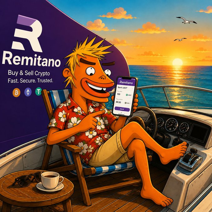 A colorful cartoon advertisement for 'Remitano' crypto exchange shows a smiling man in a Hawaiian shirt on a boat holding a phone displaying a crypto trading interface, with text 'Buy & Sell Crypto Fast. Secure. Trusted.'