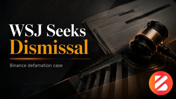 A news graphic with the headline 'WSJ Seeks Dismissal: Binance defamation case' set against a dark background with a gavel and legal documents.