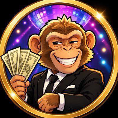 A cartoon monkey in a black suit holds a fan of dollar bills, framed in a golden border against a disco-ball background.