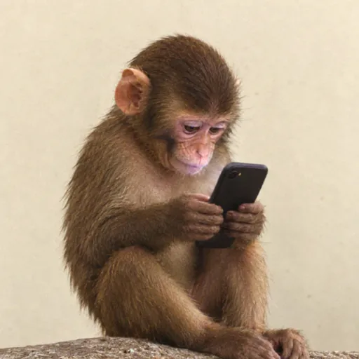 A small brown monkey sits on a stone ledge, intently looking at and holding a black smartphone with both hands.