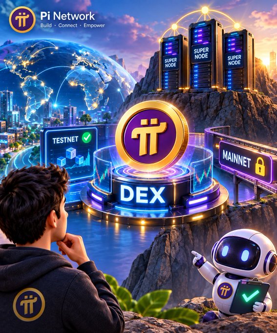A promotional graphic for 'Pi Network' showing a person looking at a futuristic scene with 'DEX' in the center, flanked by 'TESTNET' and 'MAINET' signs, server towers labeled 'SUPER NODE', and a small robot holding a clipboard with a checkmark.