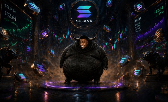 A stylized dark fantasy artwork featuring a horned humanoid bull figure standing in a magical circle, surrounded by floating Solana (SOL) cryptocurrency logos with SOL/USDC showing 182.64 (+2.45%) and another panel at 482.64 (+7.31%).