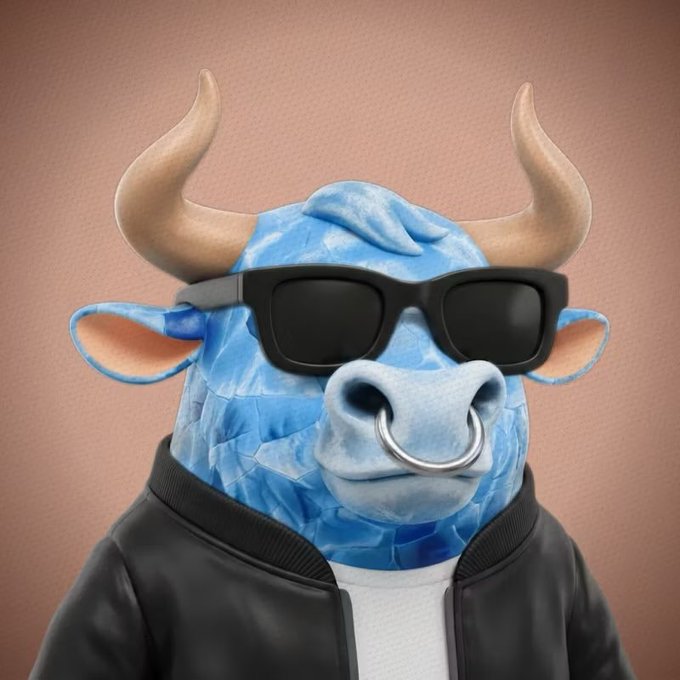 A 3D rendered blue bull character wearing black sunglasses and a black jacket with a nose ring looks forward against a pink background.