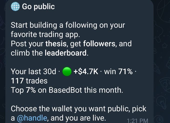 The image shows a Telegram message about "Go public" featuring trading stats: +$4.7K profit, 71% win rate over 117 trades, placing the user in the top 7% on BasedBot this month. The post contextualizes this by noting the profit was from holding rather than active trading, while the message encourages showcasing trading performance publicly.
