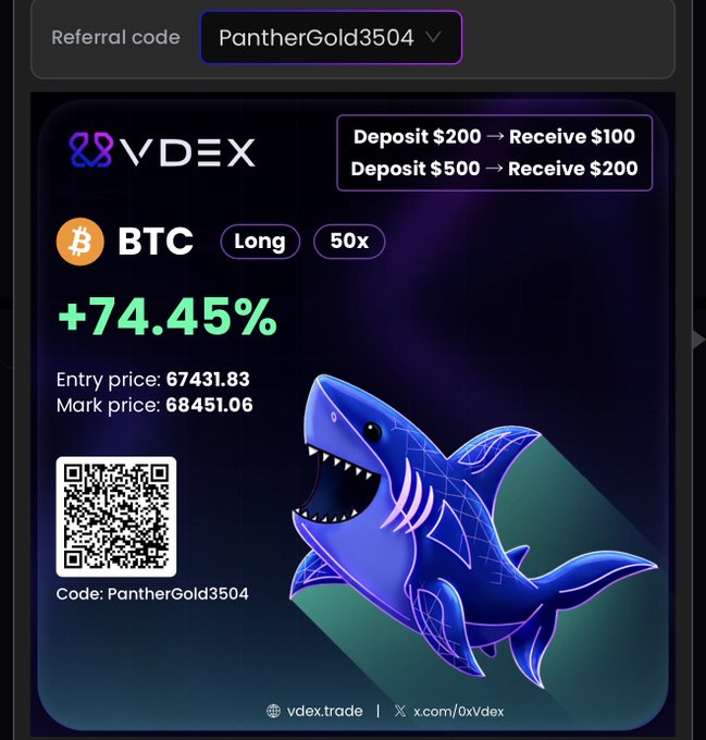 A promotional graphic for VDEX cryptocurrency trading shows a BTC 'Long 50x' position up +74.45%, featuring a blue geometric shark illustration, a QR code, and a referral code 'PantherGold3504'.
