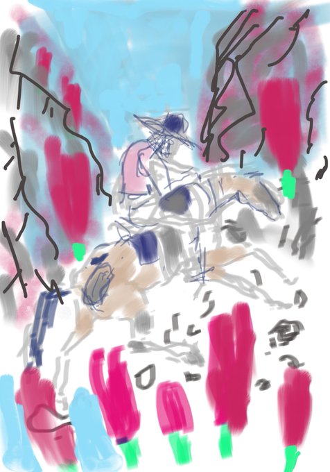 The image features a cowboy riding a horse through a valley, surrounded by red flowers. The painting has been done in a digital art style with a watercolor effect that gives it an impression of being a post from the year 2002. The artist's signature is visible at the bottom right corner of the image.