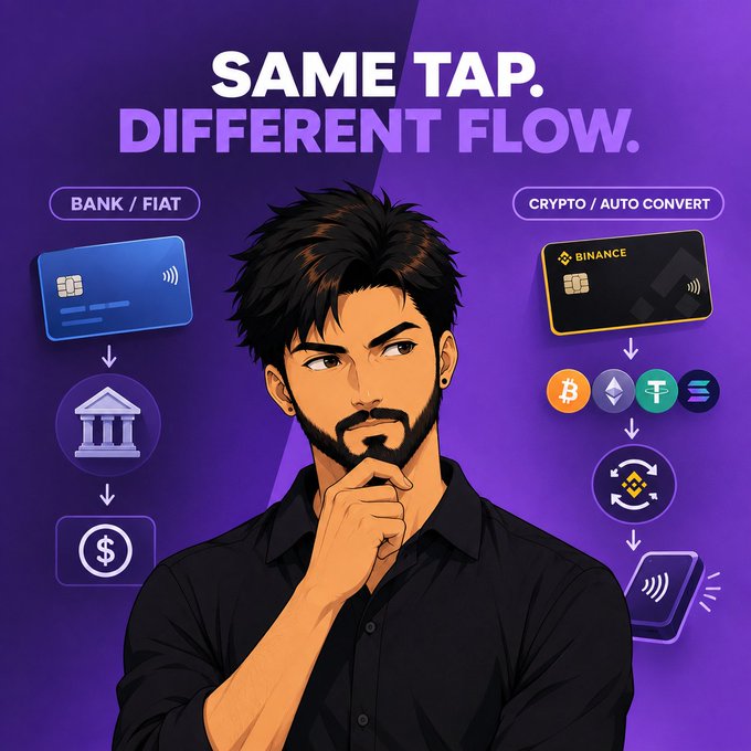 Infographic titled 'SAME TAP. DIFFERENT FLOW.' showing a man comparing 'BANK / FIAT' flow on the left with 'CRYPTO / AUTO CONVERT' flow (featuring Binance and various crypto tokens) on the right.