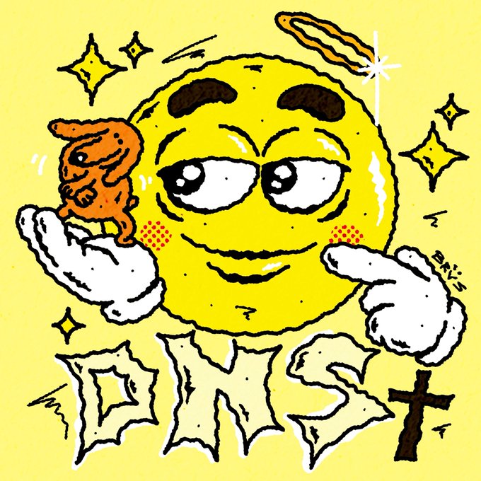 A cartoon-style drawing of a yellow smiling face holding a small orange figure, with the letters 'DNS' and a cross symbol below on a yellow background.