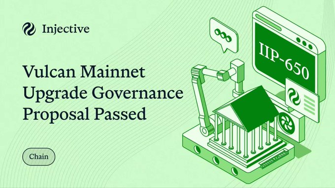 The image shows an infographic with a green background featuring a building and a robot. The text above the image reads "Vulcan Mainnet Upgrade Governance Proposal Passed" which indicates that the mainnet has been upgraded, and the proposal has been passed. This information is related to the post about the recent updates in the cryptocurrency world.