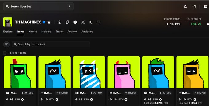 The image shows an OpenSea collection page for "RH MACHINES" featuring pixelated computer character NFTs with a floor price of 0.10 ETH (+56.7%) and a 1D volume of 0.499 ETH, with individual items priced at 0.10 ETH. The visual supports the post's claim that "Machines are printing," showcasing the NFT collection's strong price performance and availability for trading on OpenSea.