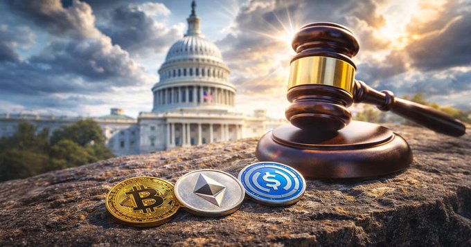 The image features a gavel, three coins, and two Bitcoin logos sitting atop a rock formation with the Capitol building in the background. The gavel appears to be used for judging cases or making decisions related to cryptocurrency regulation. The coins include Bitcoins and other cryptocurrencies such as Etherium and Ripple. Two Bitcoin logos are placed on top of the rocks. The image also includes text that reads "BREAKING Crypto giants are pushing back. A coalition of top crypto firms has sent a joint letter to Congress urging lawmakers to add explicit legal protections for software developers in the CLARITY Act".