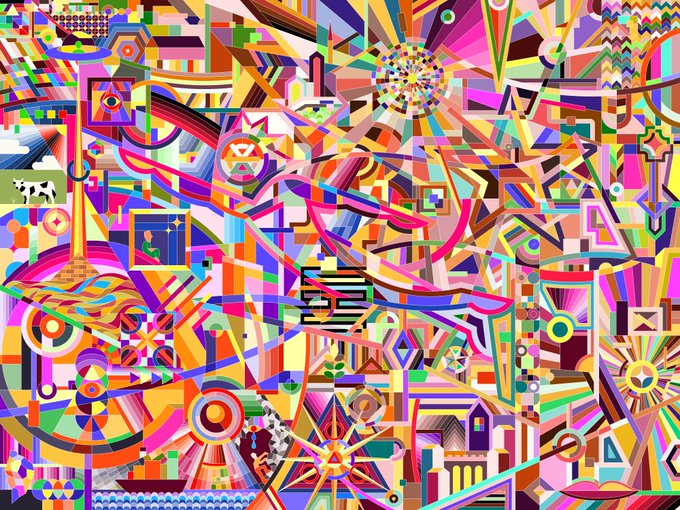 A vibrant, chaotic digital illustration is filled with abstract geometric shapes, bright colors, and various pop-art elements like a cow, Eiffel Tower, and stars.