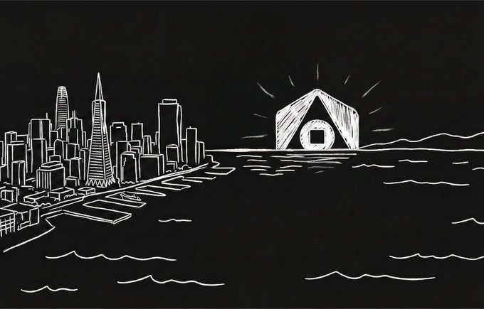 The image is a chalkboard-style sketch showing the San Francisco skyline, including the Transamerica Pyramid, with a glowing house-shaped symbol containing a circle on the water across the bay.

The image symbolizes the Newton Protocol—depicted as a beacon/lighthouse guarding the approach to the financial "city" (crypto/Web3)—representing its role as an authorization layer that screens and protects transactions before they reach the broader ecosystem, aligning with Magic Labs' pivot toward transaction-level risk and compliance checks.