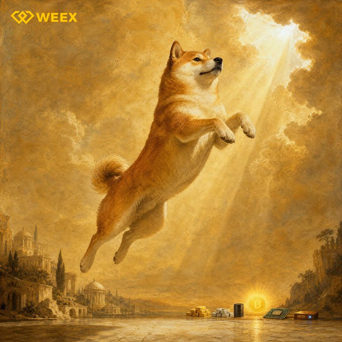 A Shiba Inu dog depicted in a classical baroque painting style, leaping upward toward golden light, with Bitcoin-related items and a 'WEE' logo in the corners.