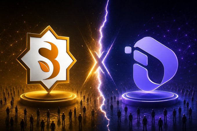 The image depicts a dramatic face-off between two cryptocurrency logos, separated by a glowing lightning bolt—symbolizing competition and a stark contrast in approaches. On the left stands the orange and white eight-pointed star logo of SidraChain (S), representing the project's organic, ad-free growth model highlighted in the accompanying post. On the right is a purple abstract logo resembling the symbol for JasmyCoin, set against a cosmic backdrop of network nodes. Below each emblem, crowds of silhouetted figures gather on illuminated circular platforms, visually representing their respective user bases—most notably SidraChain's 12M+ users—while emphasizing the post's point that despite SidraChain's impressive community-driven success over four years, the team faces a "biggest weakness" of poor communication with its massive following.
