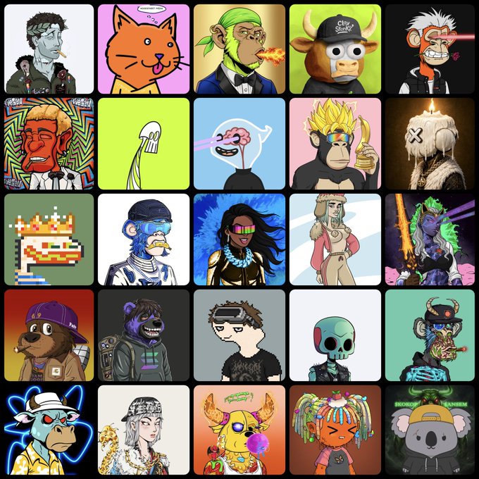 A grid of various NFT profile pictures featuring stylized cartoon characters.
