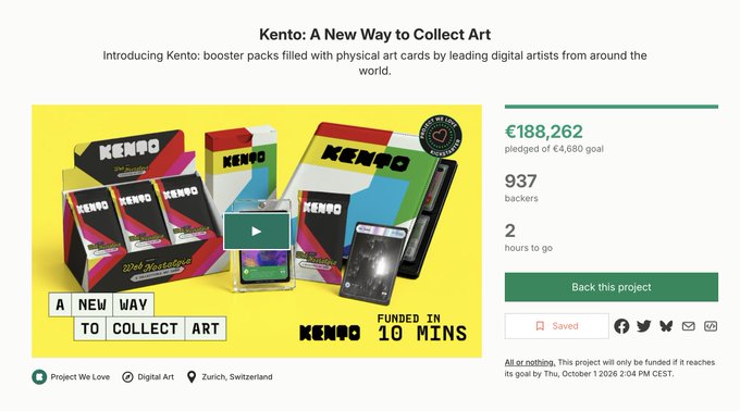 A Kickstarter campaign page for 'Kento: A New Way to Collect Art' shows €188,262 pledged of a €6,680 goal with 937 backers and 2 hours to go, displaying physical art card booster packs.