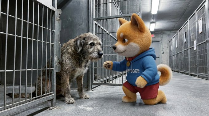 In a shelter kennel, a scruffy, gray-muzzled senior dog tentatively approaches a friendly mascot wearing a blue "EBDOGE" hoodie, illustrating the gentle patience needed when connecting with overlooked, less-adoptable pets waiting for a home.
