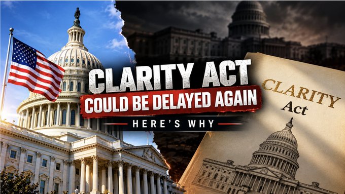 A news-style graphic showing the U.S. Capitol building and American flag with text reading 'CLARITY ACT COULD BE DELAYED AGAIN - HERE'S WHY' alongside an image of the CLARITY Act document.