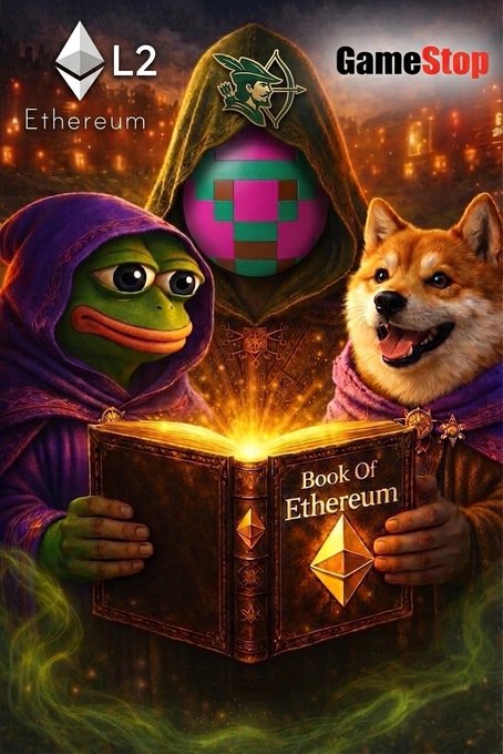 A fantasy artwork featuring a Pepe the Frog character and a Shiba Inu dog in hooded robes reading a glowing 'Book Of Ethereum', with L2 Ethereum and GameStop logos at the top.